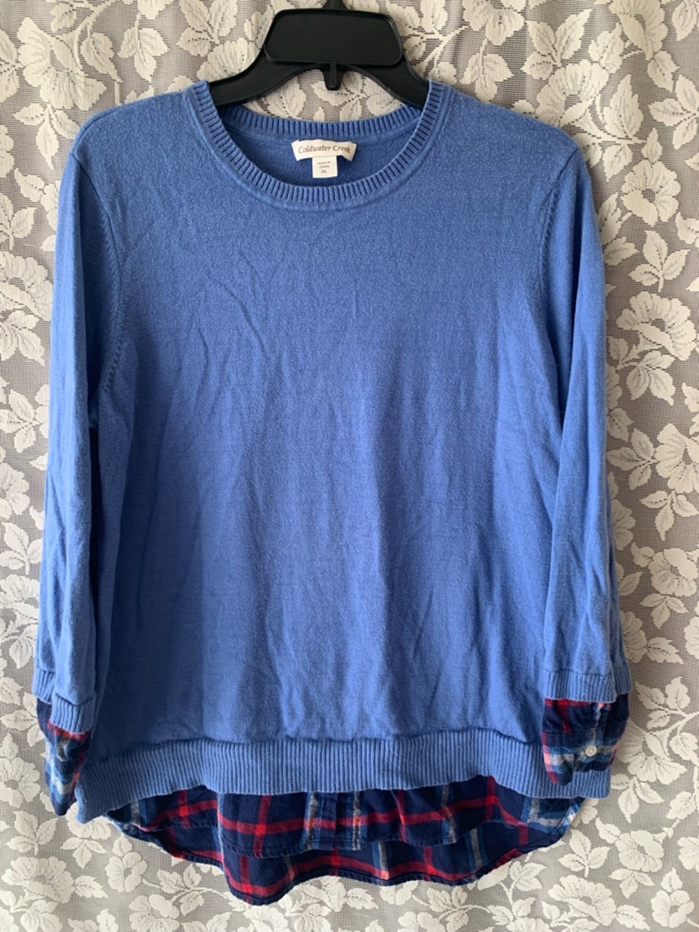 Coldwater Creek Blue Pullover with Plaid Shirt Hem